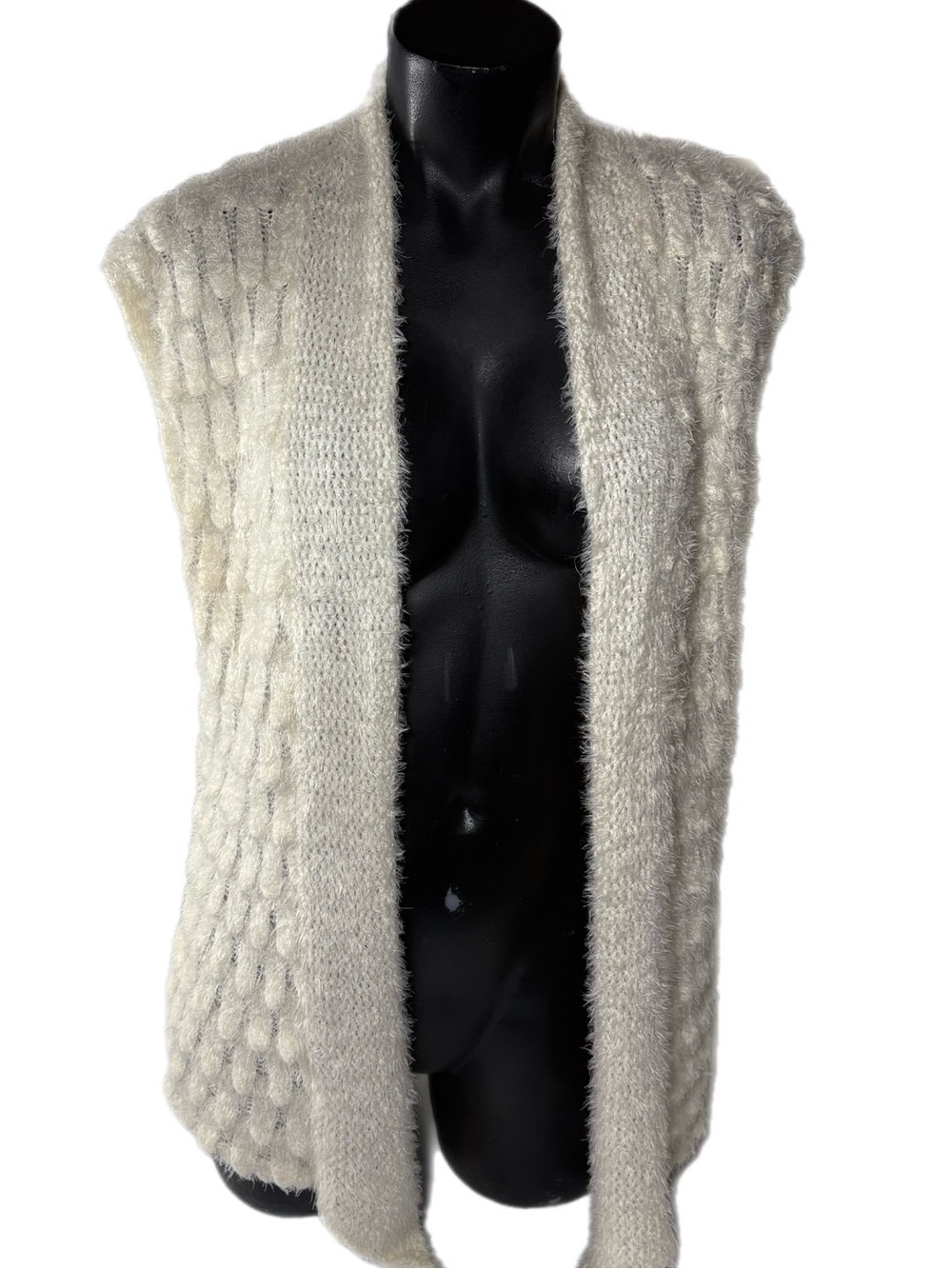 Women's Cream Open-Front Fuzzy Knit Sweater Vest